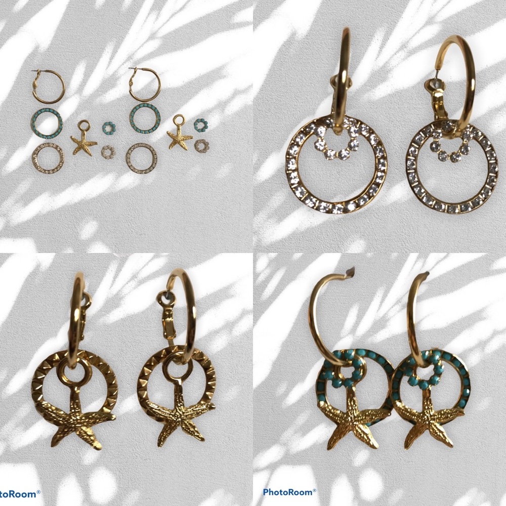 Turquoise Gold & White crystal Starfish & hoop dangle earrings wear many ways
